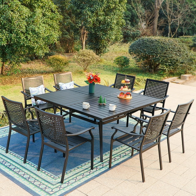 MF Studio 9-Piece Outdoor Patio Dining Set with Large Metal Steel Square Table & Stackable Chairs for 8-Person, Black