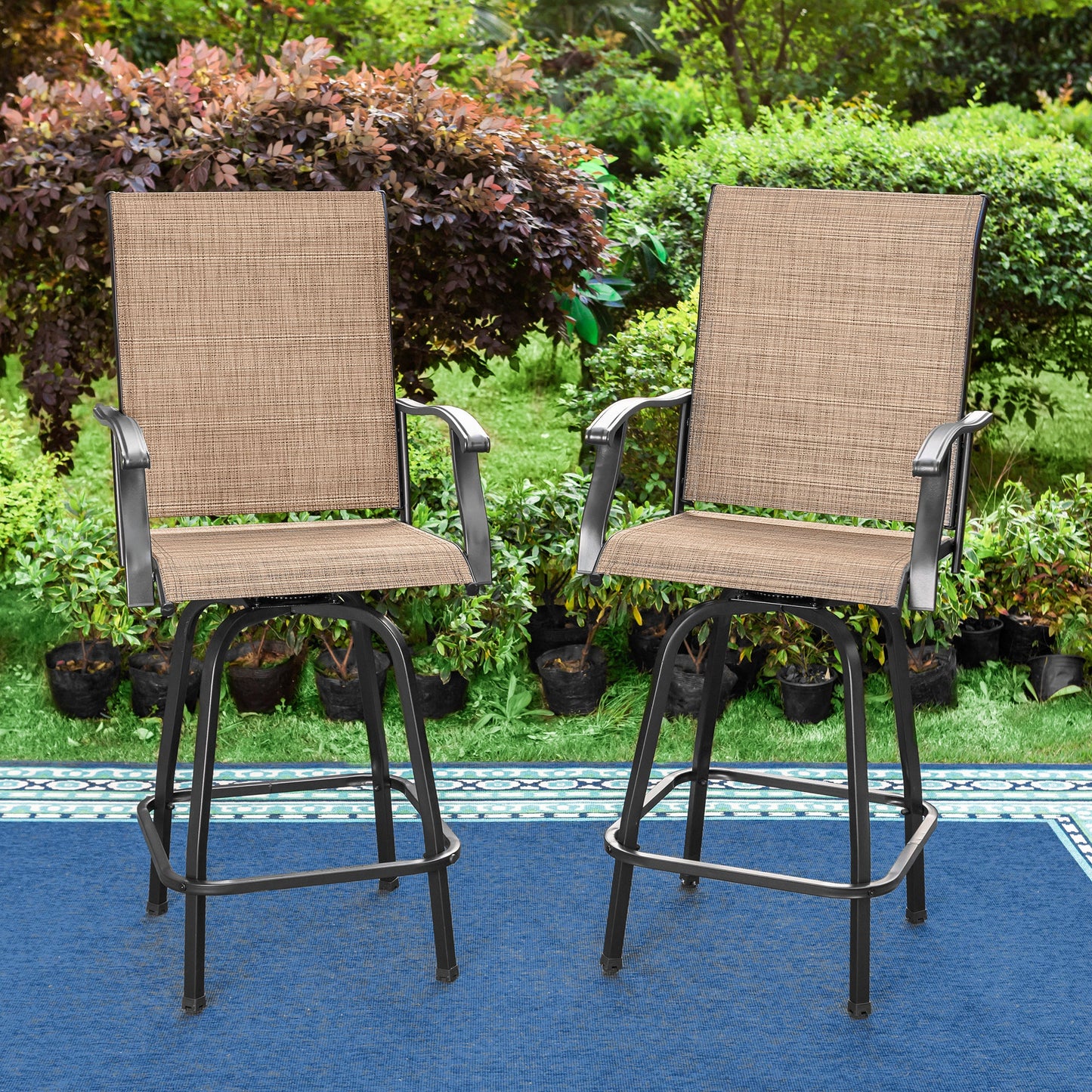 Summit Living Outdoor Swivel Bar Stool Set of 2,Metal Height Chairs,Black&Brown