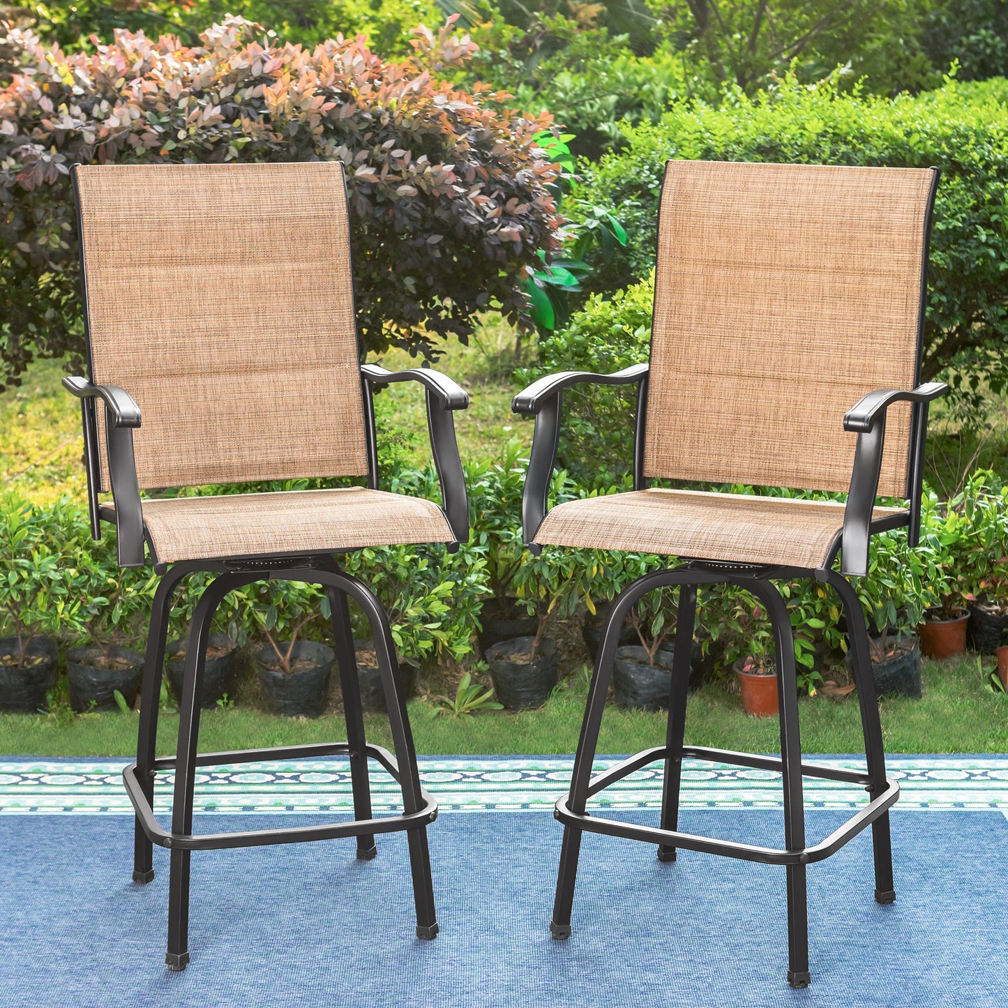 Summit Living Metal Outdoor Swivel Bar Stools Set of 2, Patio Padded Height Chairs with Sling Fabric, Black&Gray