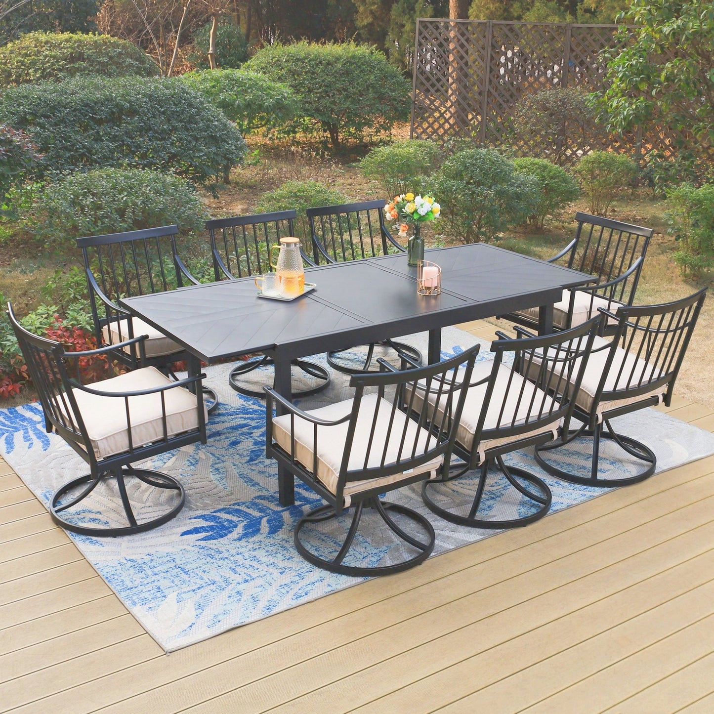 MF Studio 9-Piece Outdoor Dining Set with Expandable Table & Swivel Padded Chairs for 8-Person, Black & Beige