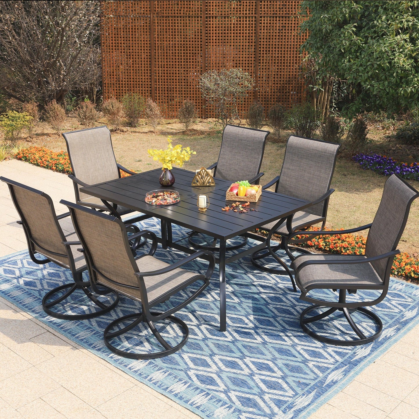 MF Studio 7 Piece Outdoor Dining Set with 6 Swivel Chairs, All-Weather & Umbrella Support, Black & Beige