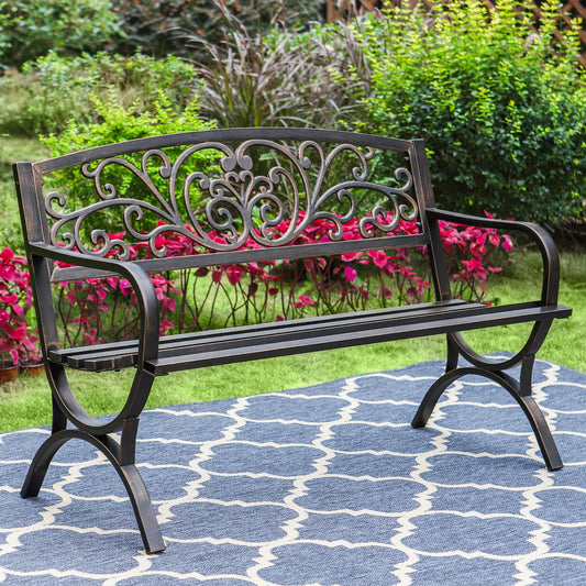 Summit Living 50 Inches Outdoor Garden Bench,Cast Iron Patio Park Bench Metal Frame,Bronze