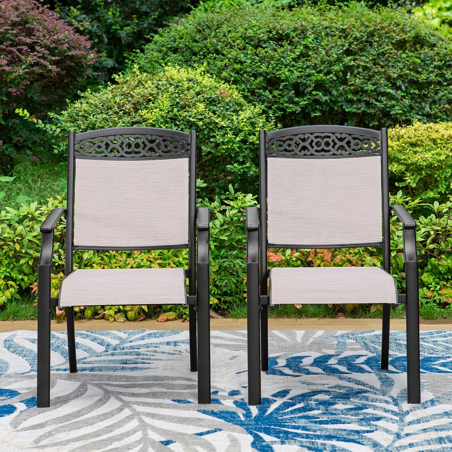 Summit Living 2 Pieces Outdoor Premium Cast Aluminum Dining Chairs,Patio Textilene Chairs with Armrest,Black&Beige