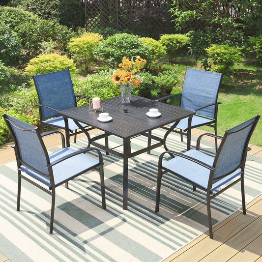 Summit Living 5-Piece Outdoor Dining Set with Textilene Chairs & Umbrella Support, Black & Blue