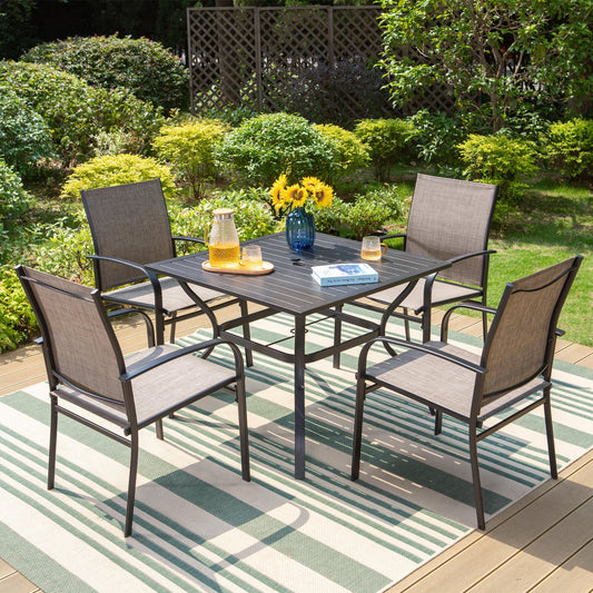 Summit Living 5-Piece Outdoor Dining Set with Textilene Chairs & Umbrella Support, Black & Brown