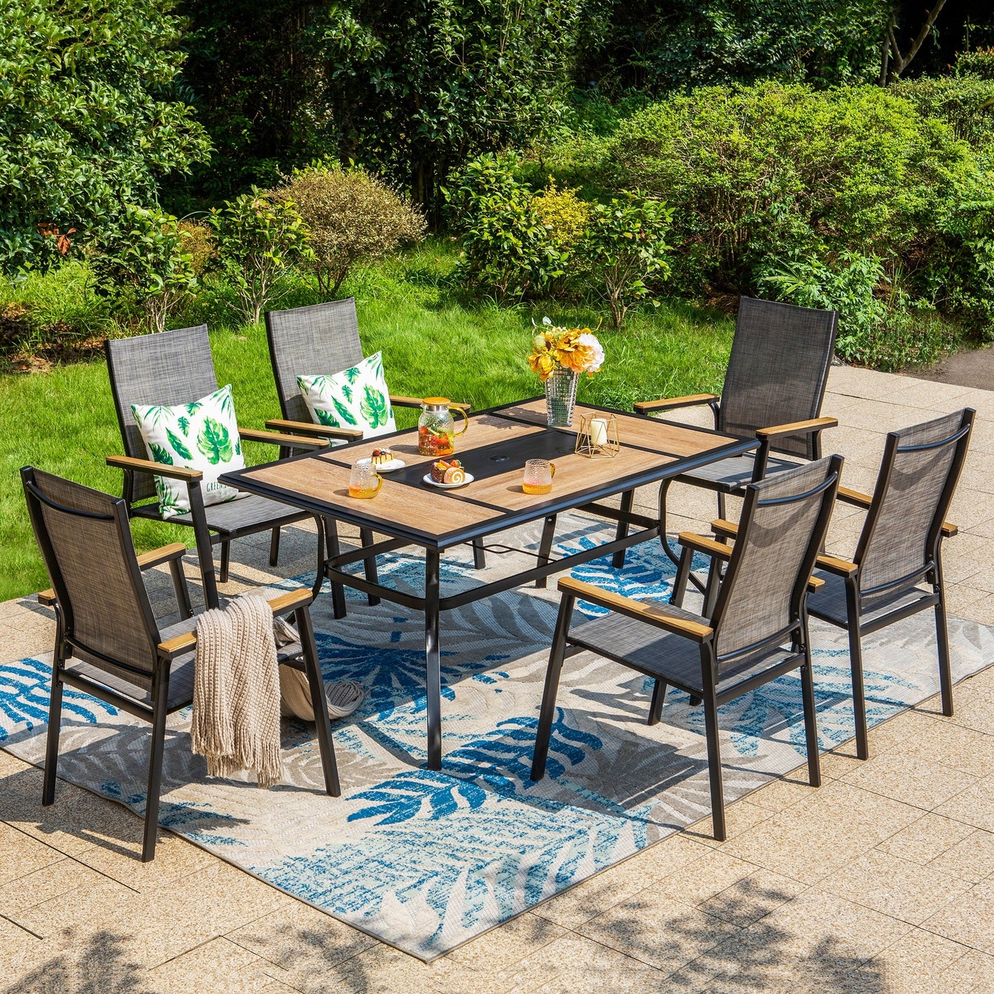 Summit Living 7 Pieces Outdoor Patio Dining Set with 6 Pieces Aluminum Stackable Armchairs&1 Piece Rectangular Metal Dining Table,Black