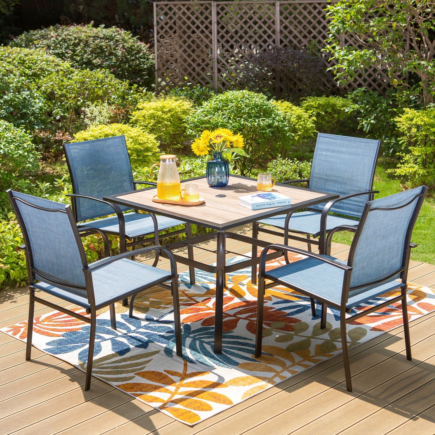 Summit Living 5-Piece Outdoor Dining Set with Textilene Chairs & Wood Grain Table, Black & Blue