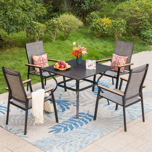 Summit Living 5 Pieces Outdoor Patio Dining Set Aluminum Furniture with 4 Pieces Breathable Textilene Armchairs and 1 Piece Square Metal Table,Black&Gray