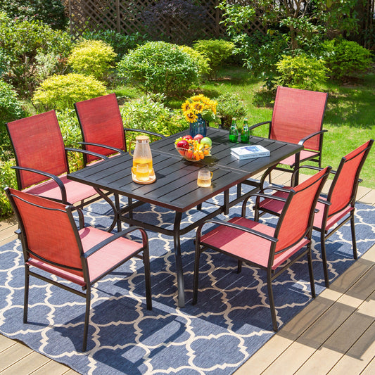 Summit Living 7-Piece Outdoor Dining Set with Textilene Chairs & Umbrella Support, Black & Red