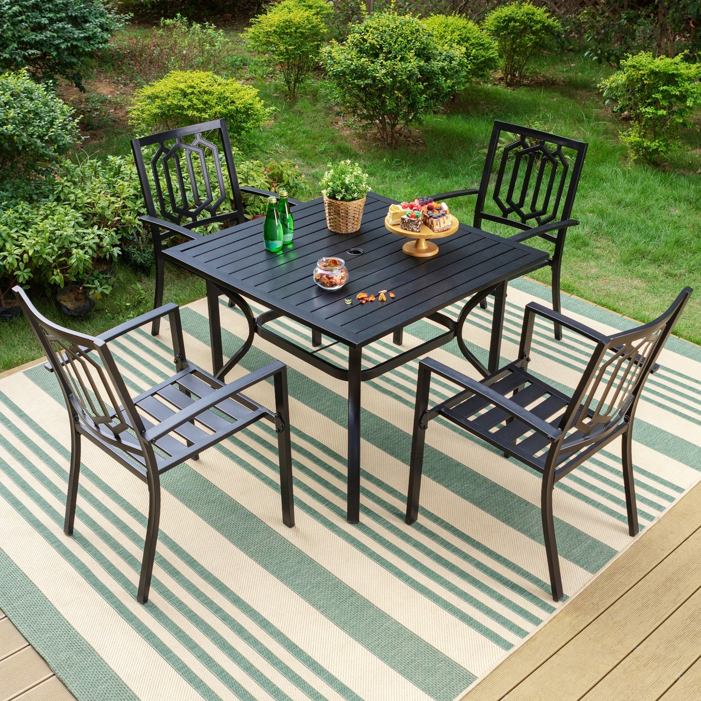 Summit Living 5-Piece Outdoor Dining Set, All-Weather Metal Furniture with Stack-able Chairs, Umbrella Support, Black