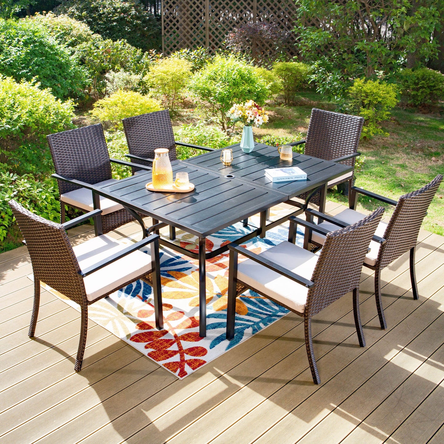 MF Studio 7 Piece Outdoor Dining Set with 6 Wicker Cushioned Chairs, All-Weather & Umbrella Support, Black & Dark Brown