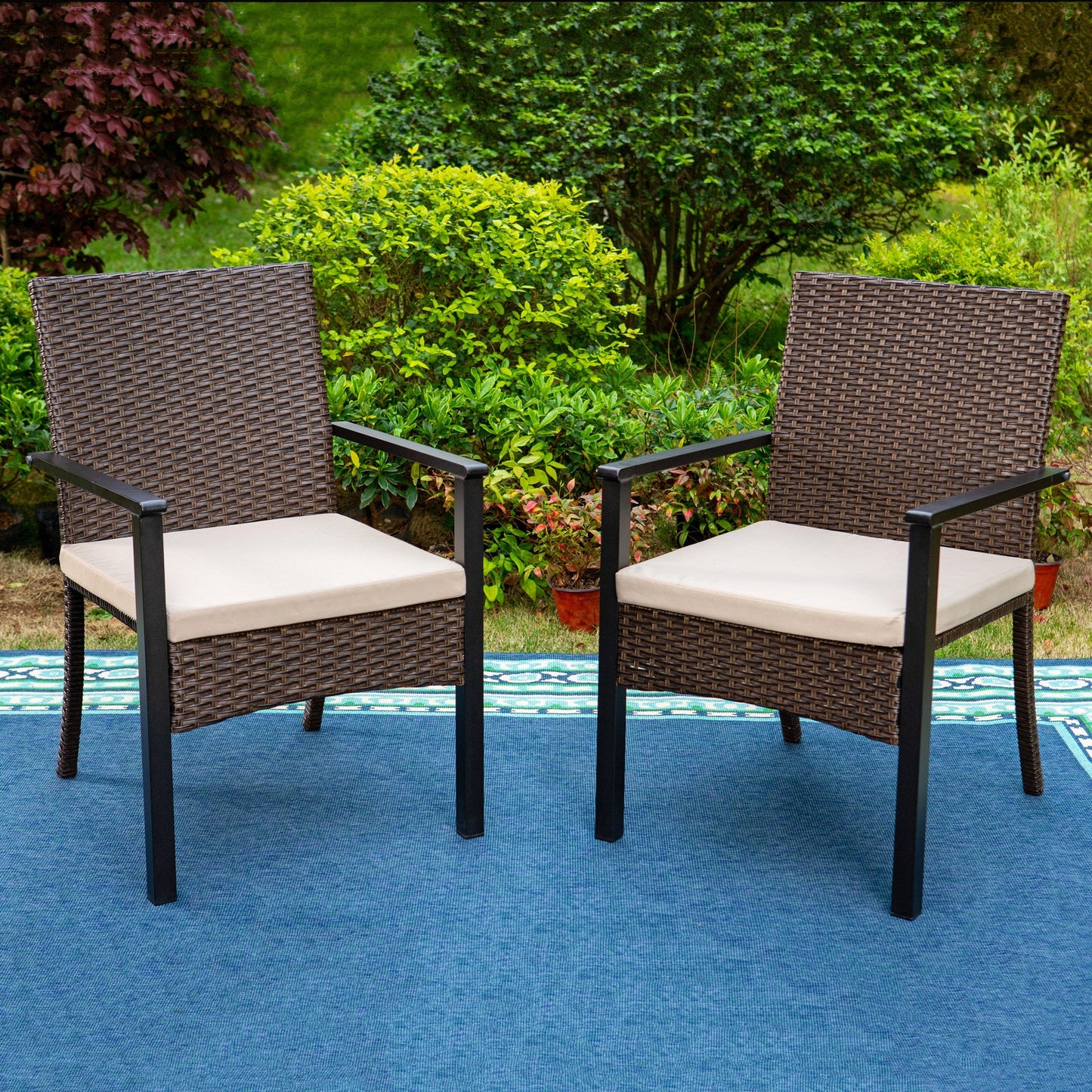 Summit Living 2-Piece Outdoor Wicker Dining Chairs with Cushions, Dark Brown & Beige