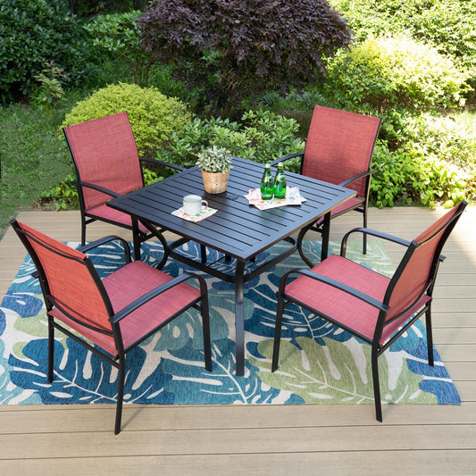 MF Studio 5-Piece Outdoor Dining Set with Square Table & Textilene Chairs for 4-Person, Black & Red