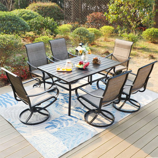 MF Studio 7 Piece Outdoor Dining Set with 6 Swivel Padded Chairs, All-Weather & Umbrella Support, Black & Gray