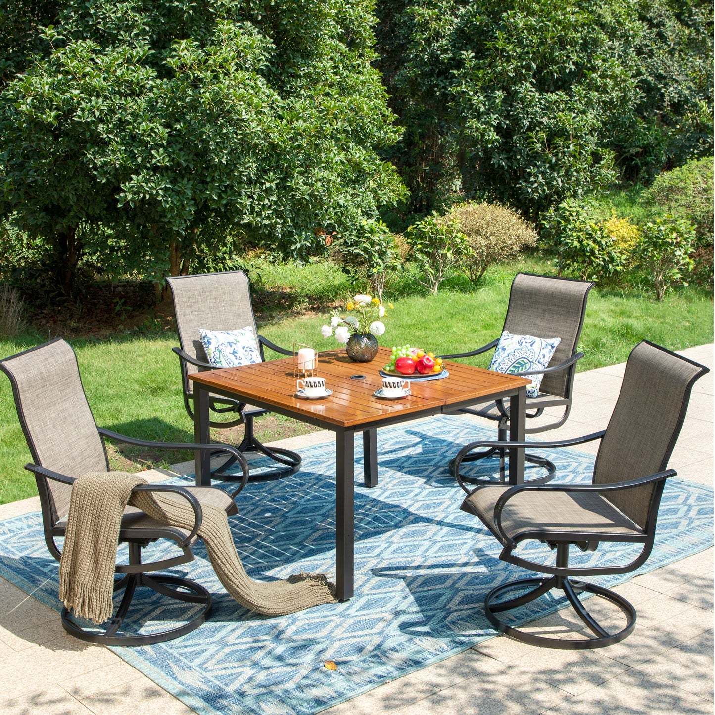 Summit Living 5-Piece Outdoor Dining Set with Swivel Chairs & Wood Grain Table, 1.9" Umbrella Hole, Black & Brown