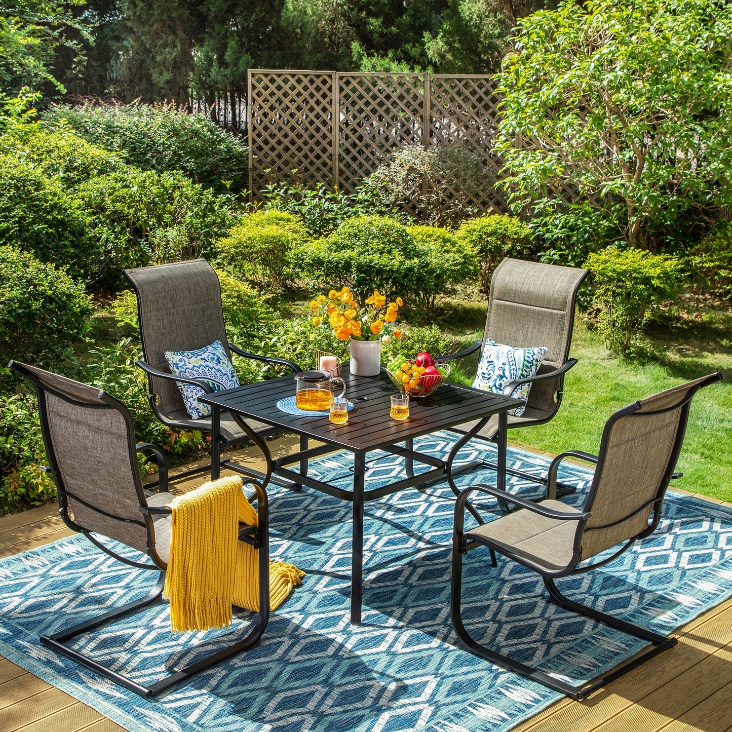 MF Studio 5 Pieces Outdoor Patio Dining Set with 4 C Spring Textilene Chairs and 1 Metal Square Dining Table,Black&Gray