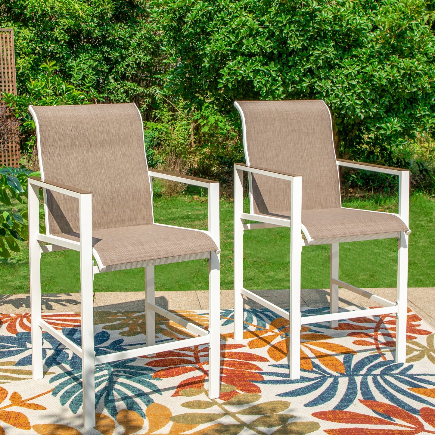 Summit Living Patio Swivel Bar Stools Set of 2, Outdoor Counter Height Chairs, White & Brown