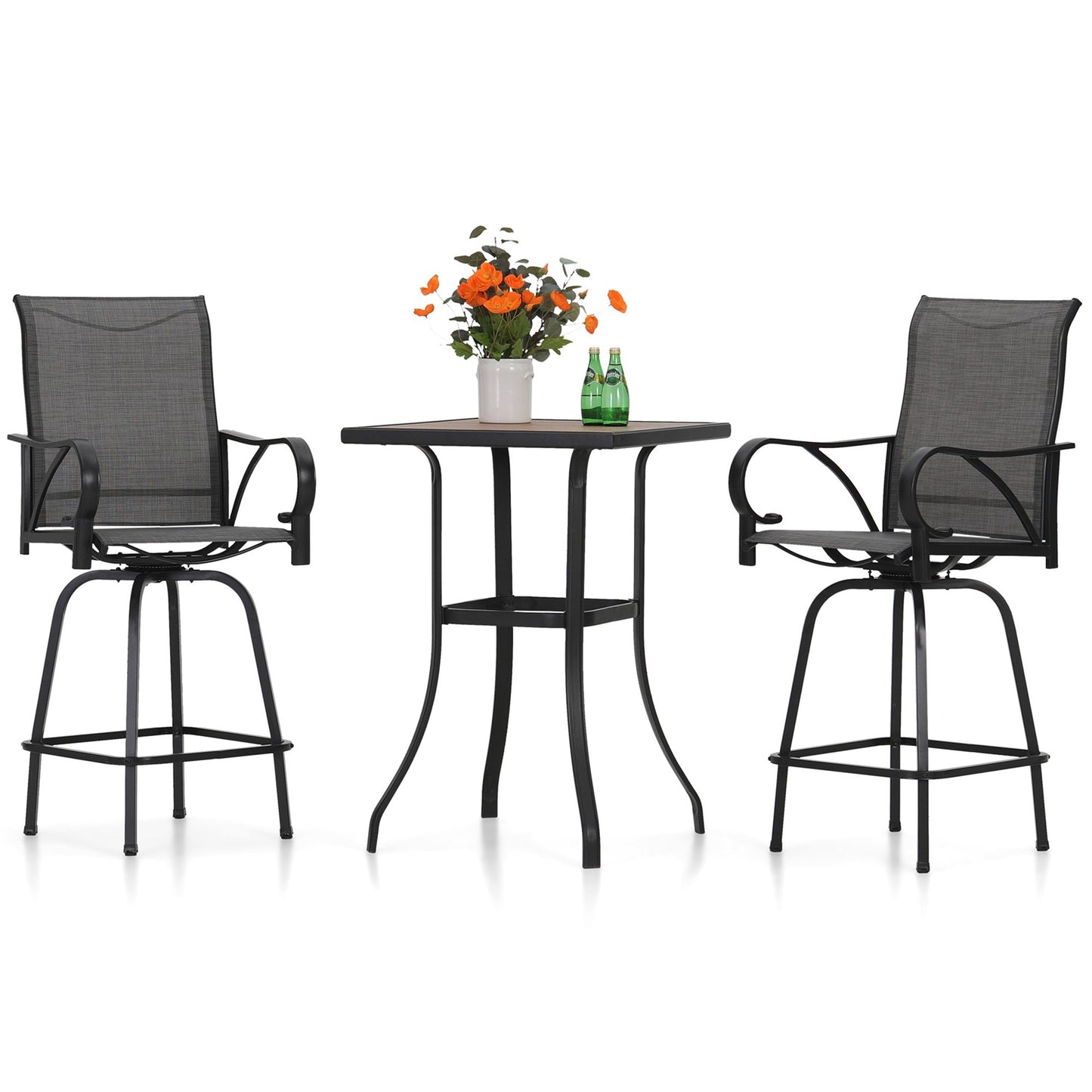 Summit Living Outdoor Swivel Bar Stool Dining Set of 3, 2 Patio High-back Textilene Chairs with Armrest & 1 Bistro Bar Table, Black & Grey