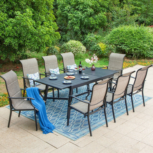 Summit Living 9-Piece Outdoor Dining Set with High Back Padded Chairs & Extendable Table for 8-Person, Black & Tan