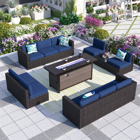 MF Studio 12 Pieces Outdoor Patio Furniture Set with 56-Inch Fire Pit Table Wicker Patio Conversation Set, Navy Blue