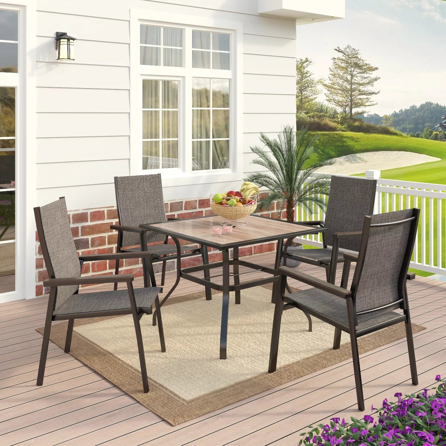 MF Studio 5-Piece Outdoor Patio Dining Set with 4 Aluminum Armchairs and 1 Square Dining Table with Wood Texture Top, Black&Gray