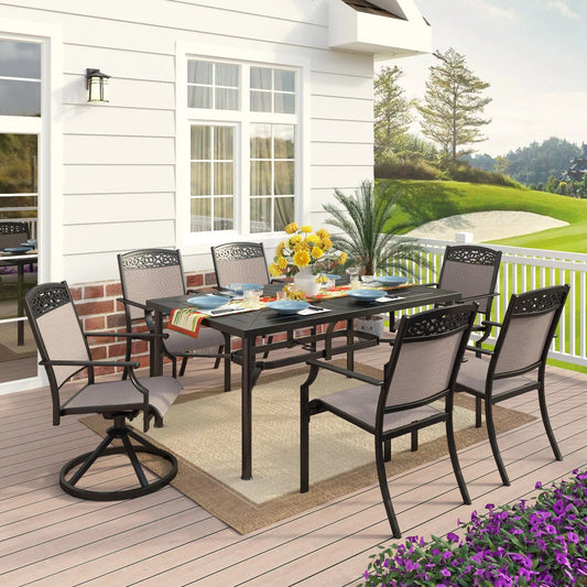 MF Studio 7-Piece Outdoor Patio Dining Set with Large Square Table & 6 Textilene Armchairs, Black & Beige