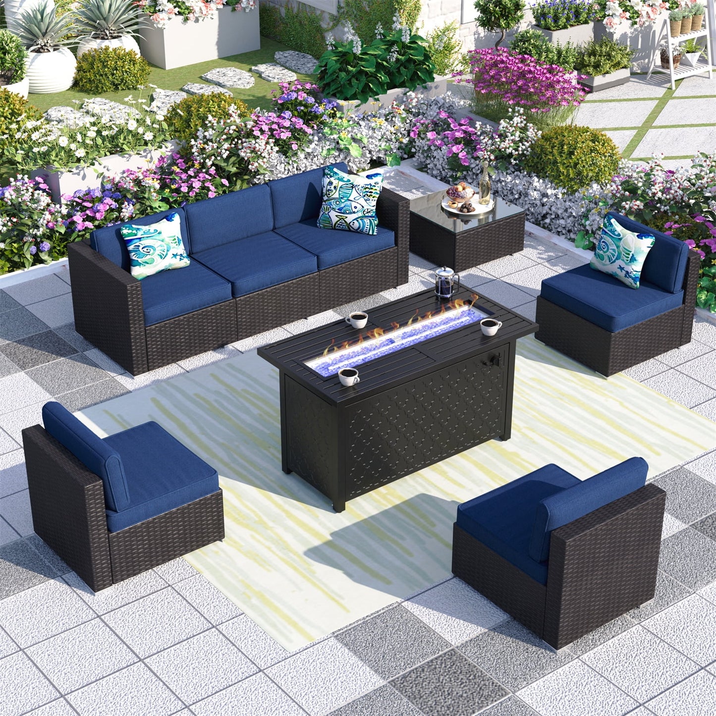 MF Studio 8 Pieces Outdoor Patio Furniture Set with 45-Inch Fire Pit Table Wicker Patio Conversation Set, Navy Blue