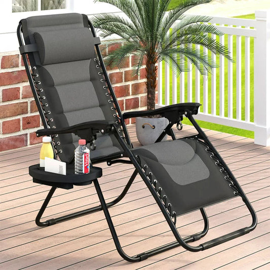 MF Studio Zero Gravity Padded Chair Folding Outdoor Patio Recliner with Adjustable Headrest and Cup Holder,Gray