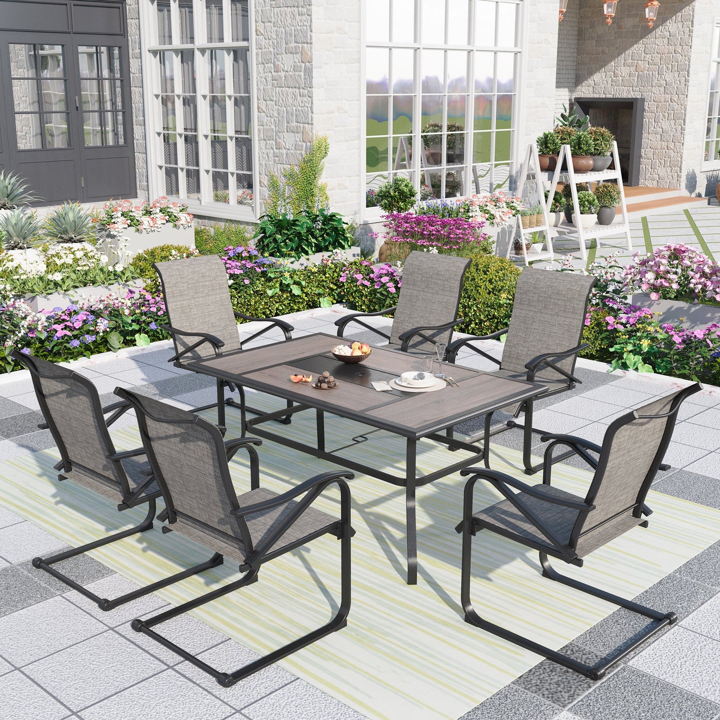 MF Studio 7 Pieces Outdoor Patio Dining Set with 6 Pieces C-Spring Textilene Chairs and Metal Frame Dining Table & PVC Table Top, Gray