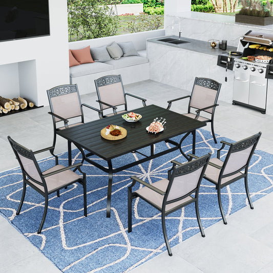 Summit Living 7 Pieces Aluminum Outdoor Patio Dining Set with 6 Cast Aluminum Sling Stackable Chairs and 1 Metal Rectangular Steel Table,Black&Beige