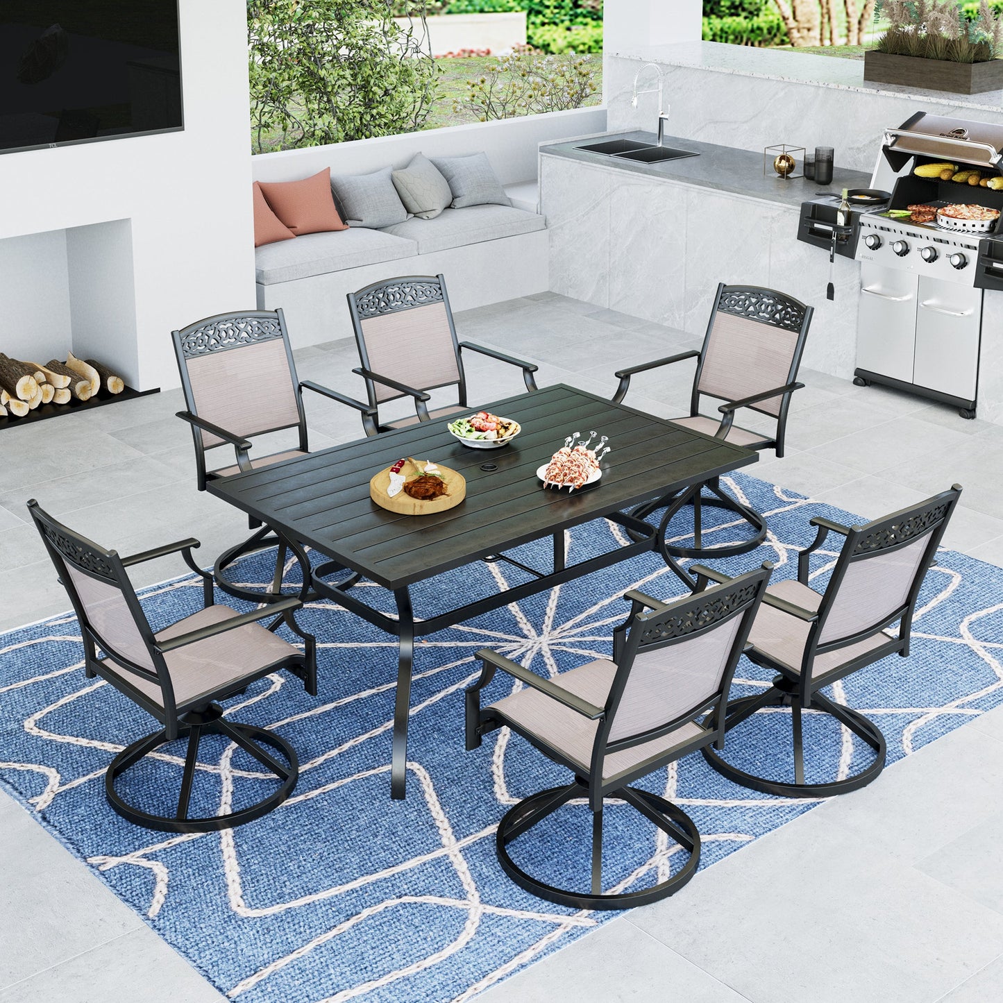 Summit Living 7 Pieces Aluminum Outdoor Patio Dining Set with 6 Cast Aluminum Swivel Chairs and 1 Metal Rectangular Steel Table,Black&Beige