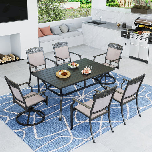 Summit Living 7 Pieces Aluminum Outdoor Patio Dining Set with 6 Cast Aluminum Sling Chairs and 1 Metal Rectangular Steel Table,Black&Beige