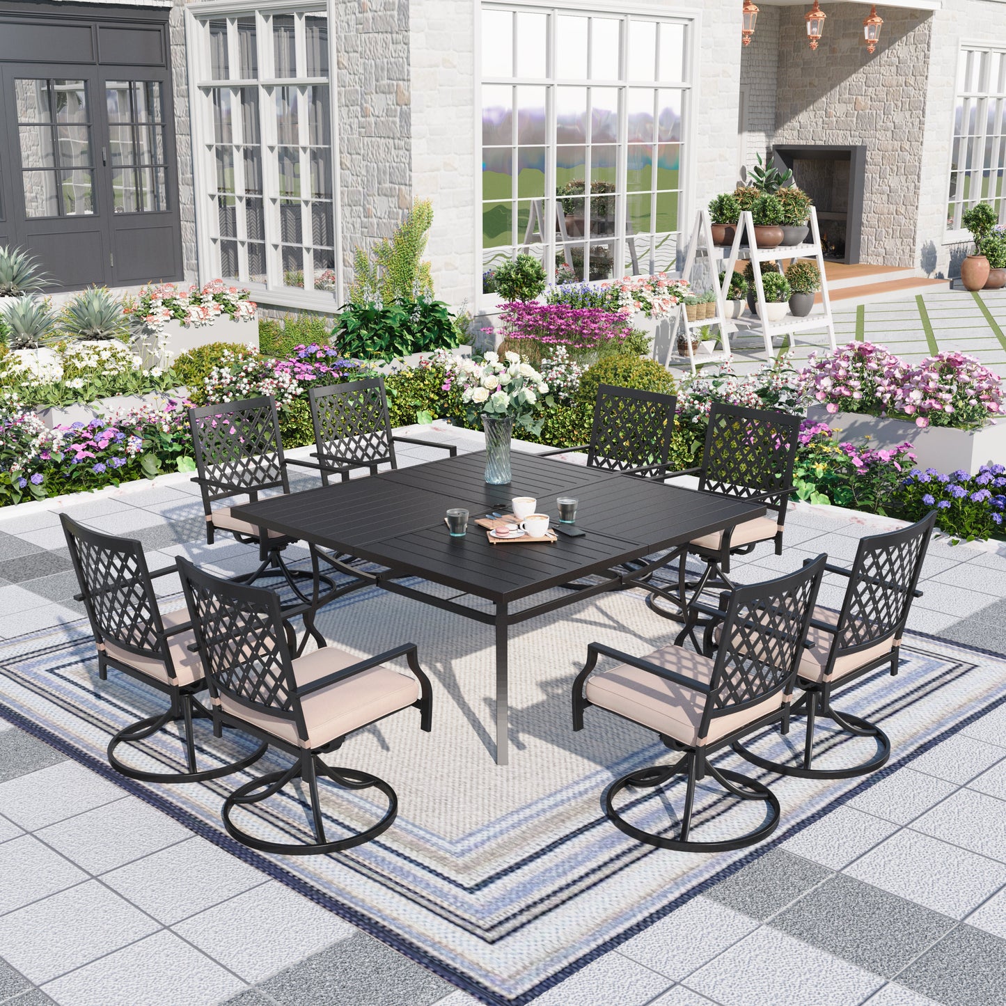 Summit Living 9-Piece Outdoor Dining Set with Swivel Cushioned Chairs, Black & Beige