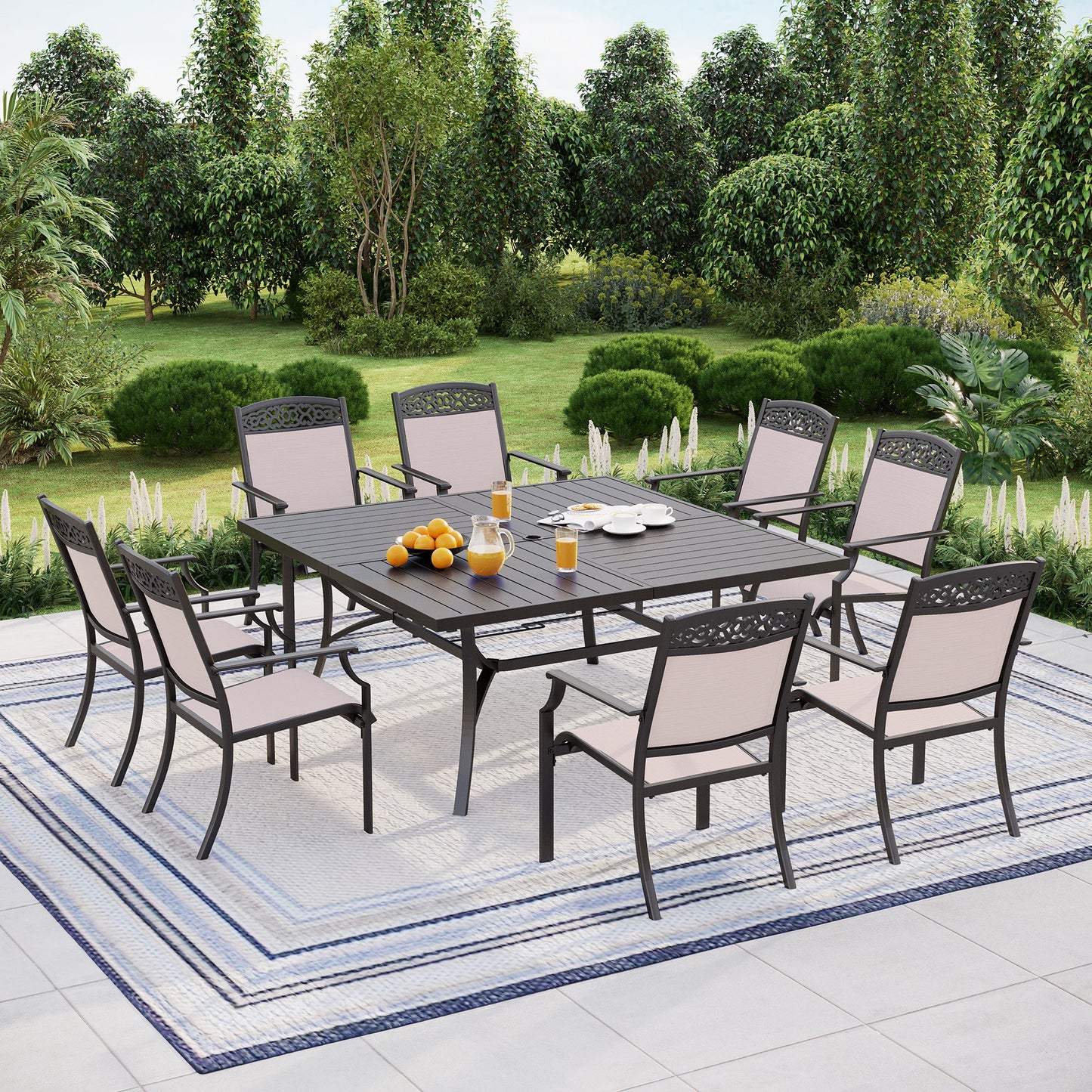 Summit Living 9 Pieces Aluminum Outdoor Patio Dining Set with 8 Cast Aluminum Sling Stackable Chairs and 1 Metal Square Steel Table,Black&Beige