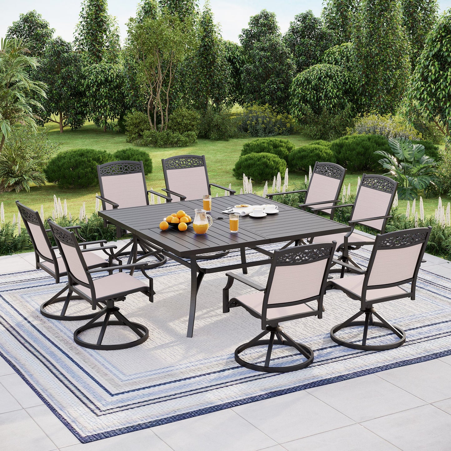 Summit Living 9 Pieces Aluminum Outdoor Patio Dining Set with 8 Cast Aluminum Swivel Chairs and 1 Metal Square Steel Table,Black&Beige