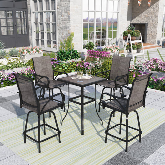 Summit Living Outdoor Swivel Bar Stool Dining Set of 5, 4 Patio High-back Textilene Chairs with Armrest & 1 Bistro Bar Table, Black & Grey