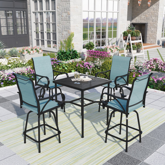 Summit Living Outdoor Swivel Bar Stool Dining Set of 5, Patio Dining Set with Textilene High-back Bar Chairs with Armrest & Bistro Bar Table, Black & Grey