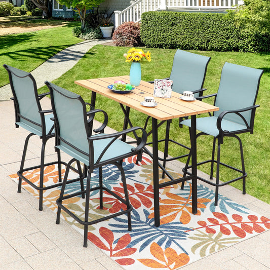 Summit Living Outdoor Swivel Bar Stool Dining Set of 5, Patio High-back Textilene Chairs with Armrest & Rectangular Bar Table with Umbrella Hole, Black & Aqua