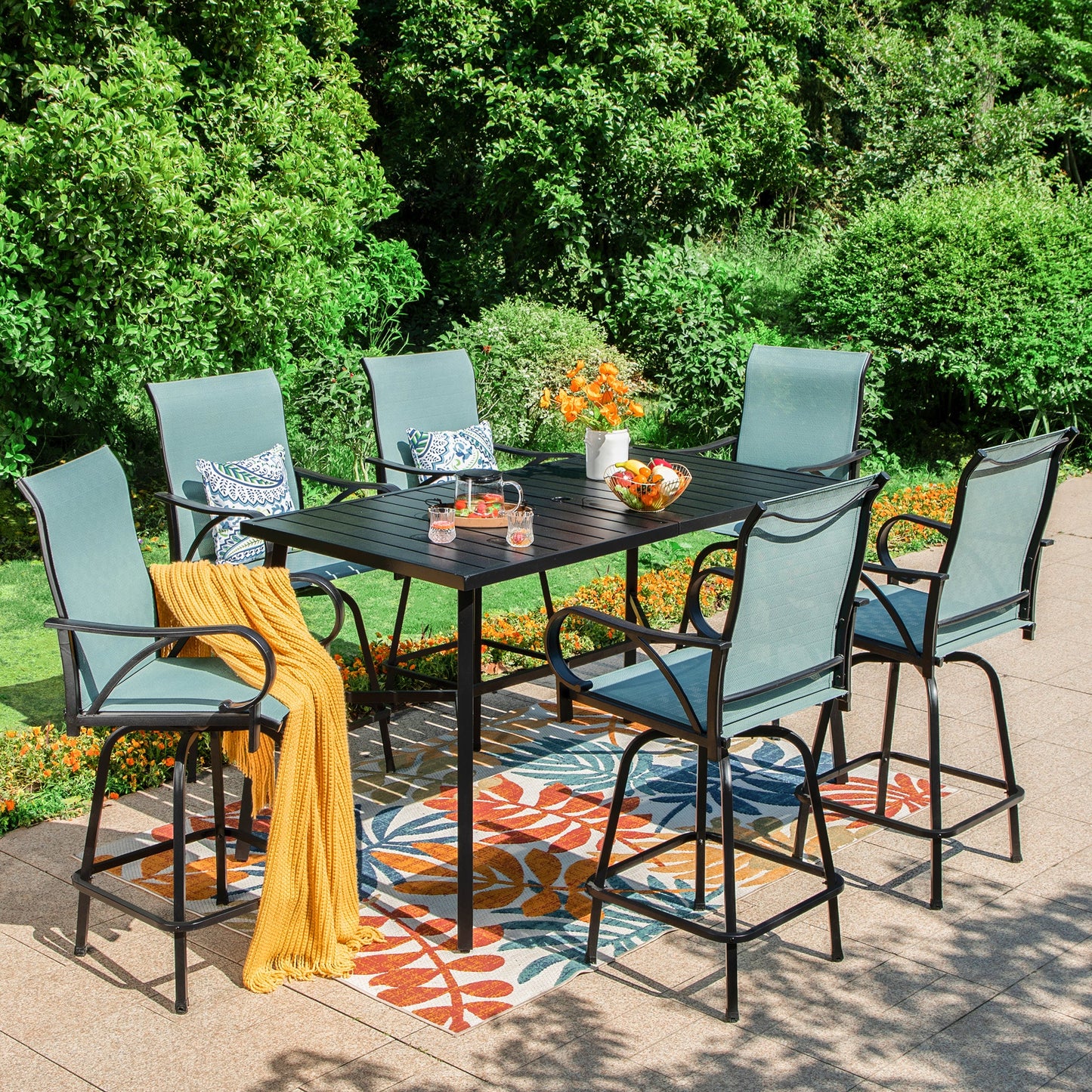 Summit Living Outdoor Swivel Bar Stool Dining Set of 7, Patio Counter Height Textilene Chairs with High Back and Armrest, Black & Aqua