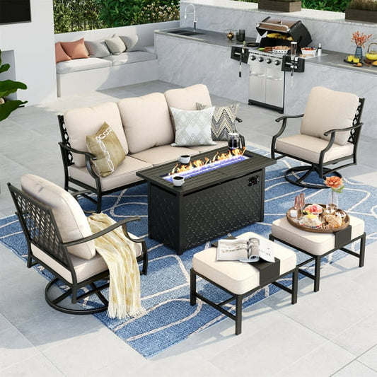 Summit Living 6 Pieces Patio Conversation Set with 45" Rectangle Fire Pit, Outdoor Furniture Metal Sofa, Beige Cushions