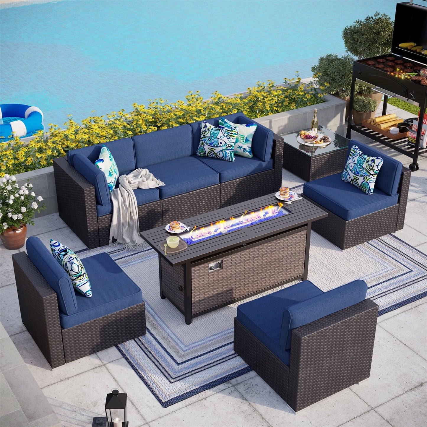 MF Studio 8 Pcs Outdoor Patio Furniture Set with 56 Inch 50,000 BTU Fire Pit Table Patio Conversation Set Navy Blue