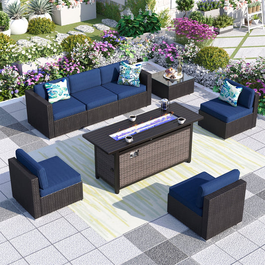 MF Studio 8 Pieces Outdoor Patio Furniture Set with 56-Inch Fire Pit Table Wicker Patio Conversation Set, Navy Blue