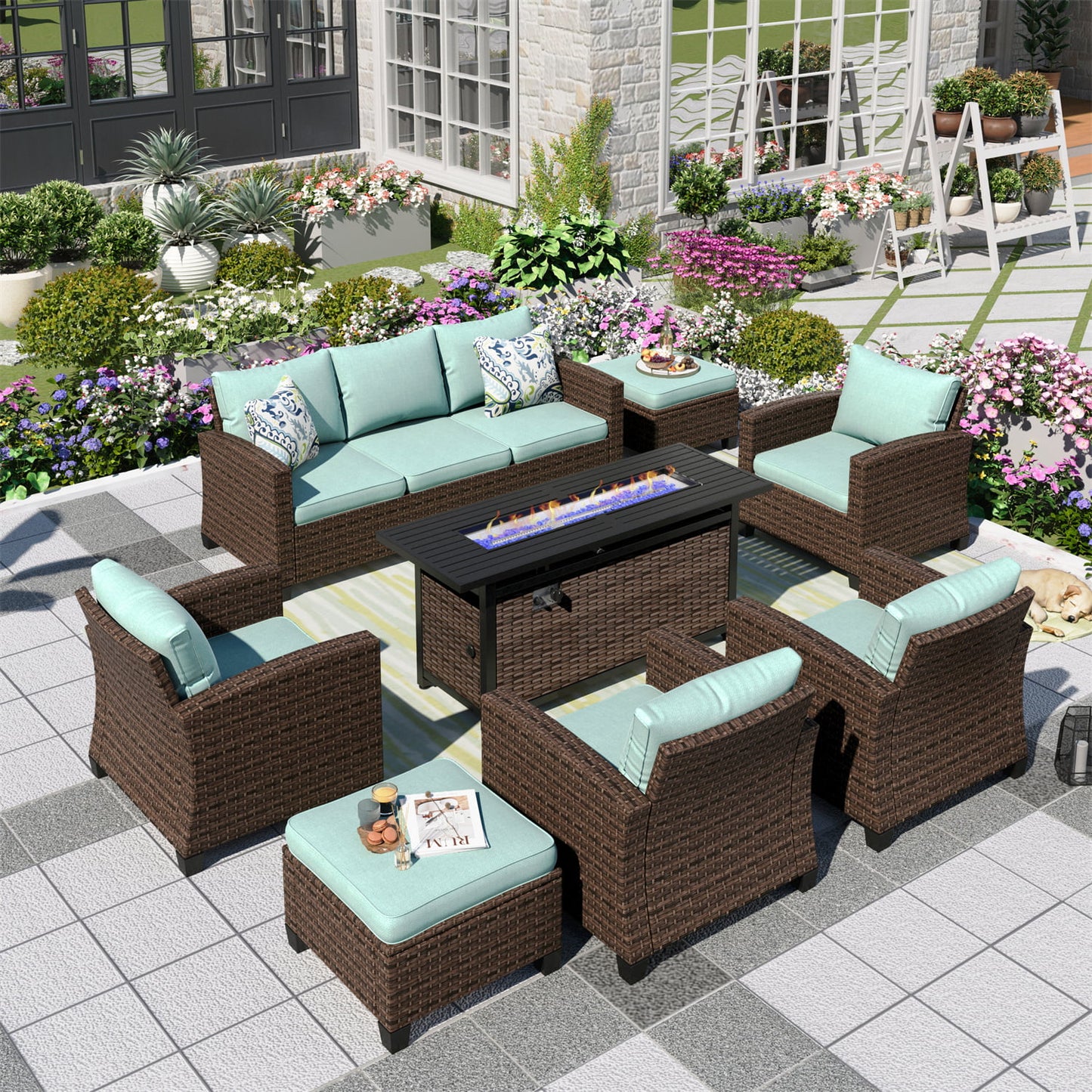 MF Studio 8 Piece Patio Conversation Set with Fire Pit Blue