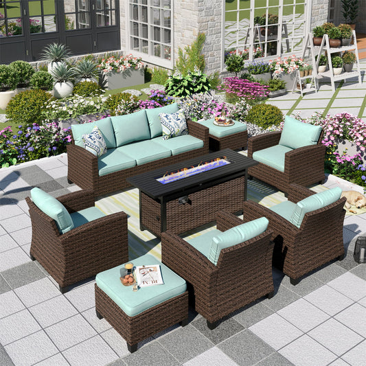 MF Studio 8 Piece Patio Conversation Set with Fire Pit Blue