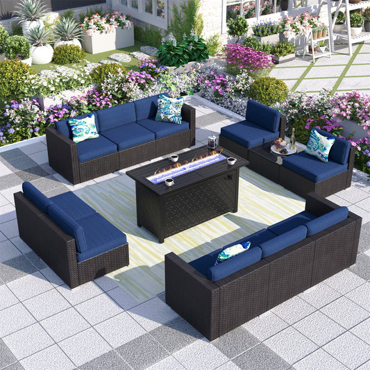 MF Studio 12 Pieces Outdoor Patio Furniture Set with 45-Inch Fire Pit Table Wicker Patio Conversation Set, Navy Blue