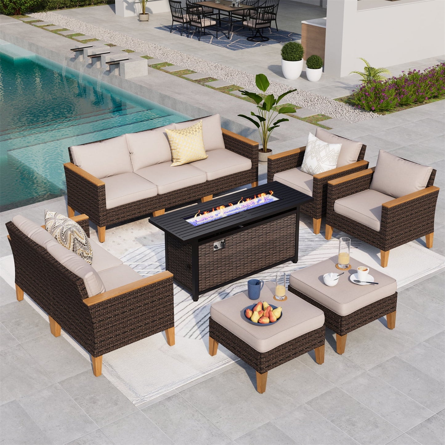 Summit Living 10 Pieces Outdoor Furniture Set with 56-Inch Fire Pit Table Beige