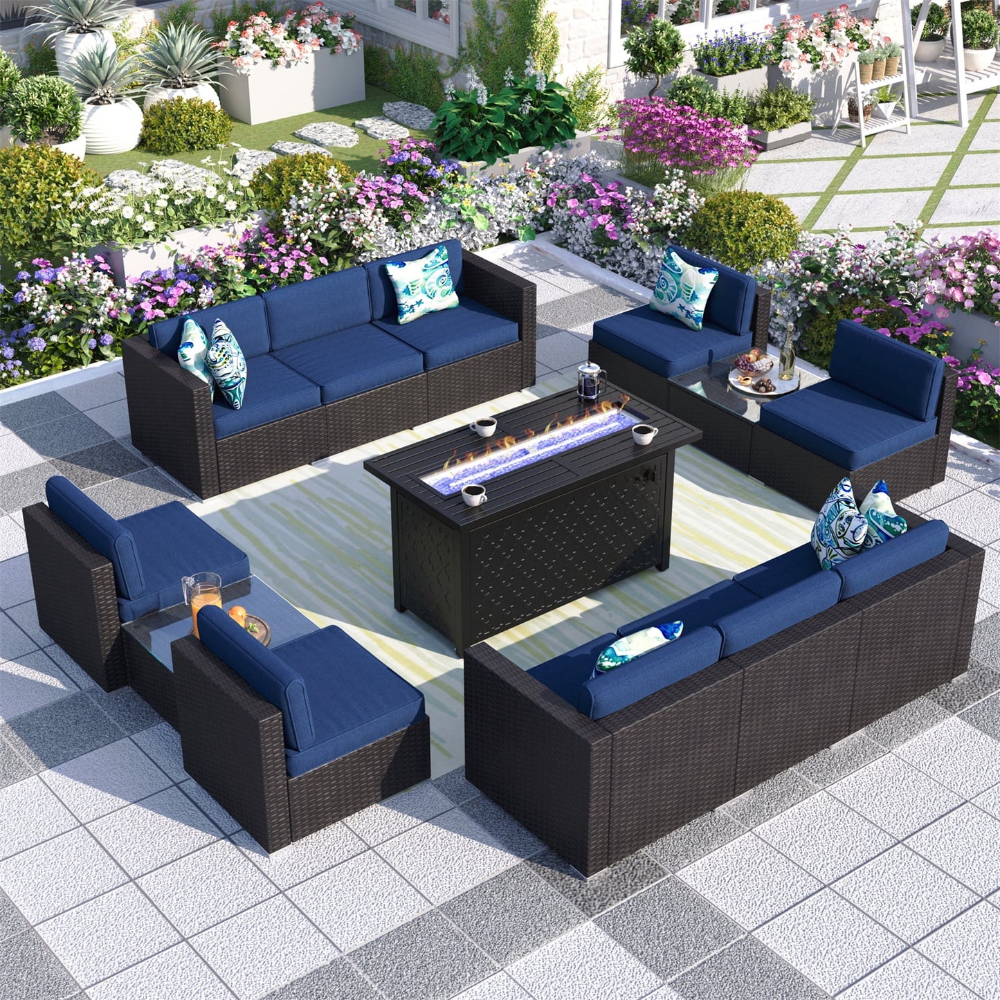 MF Studio 13 Pieces Outdoor Patio Furniture Set with 45-Inch Fire Pit Table Wicker Patio Conversation Set, Navy Blue