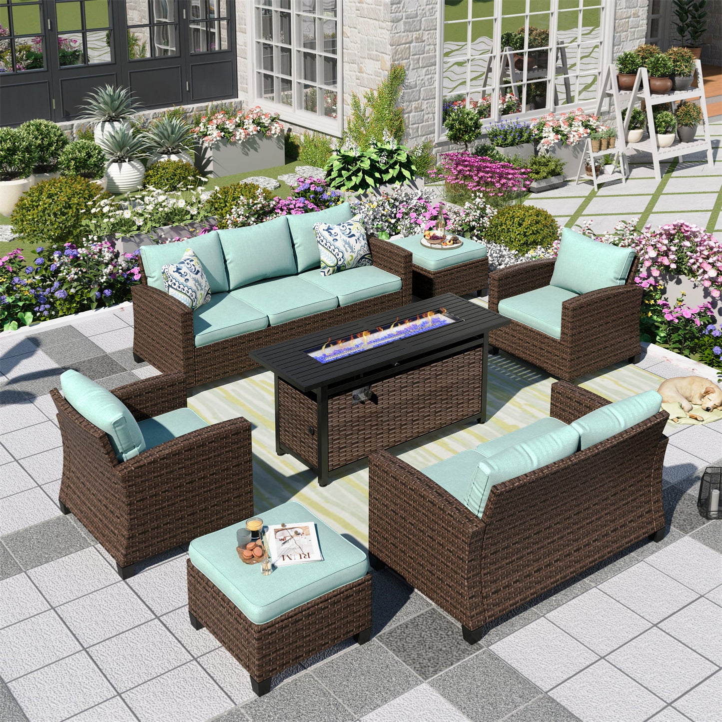 Summit Living 9 Seat Patio Conversation Set with Fire Pit Blue