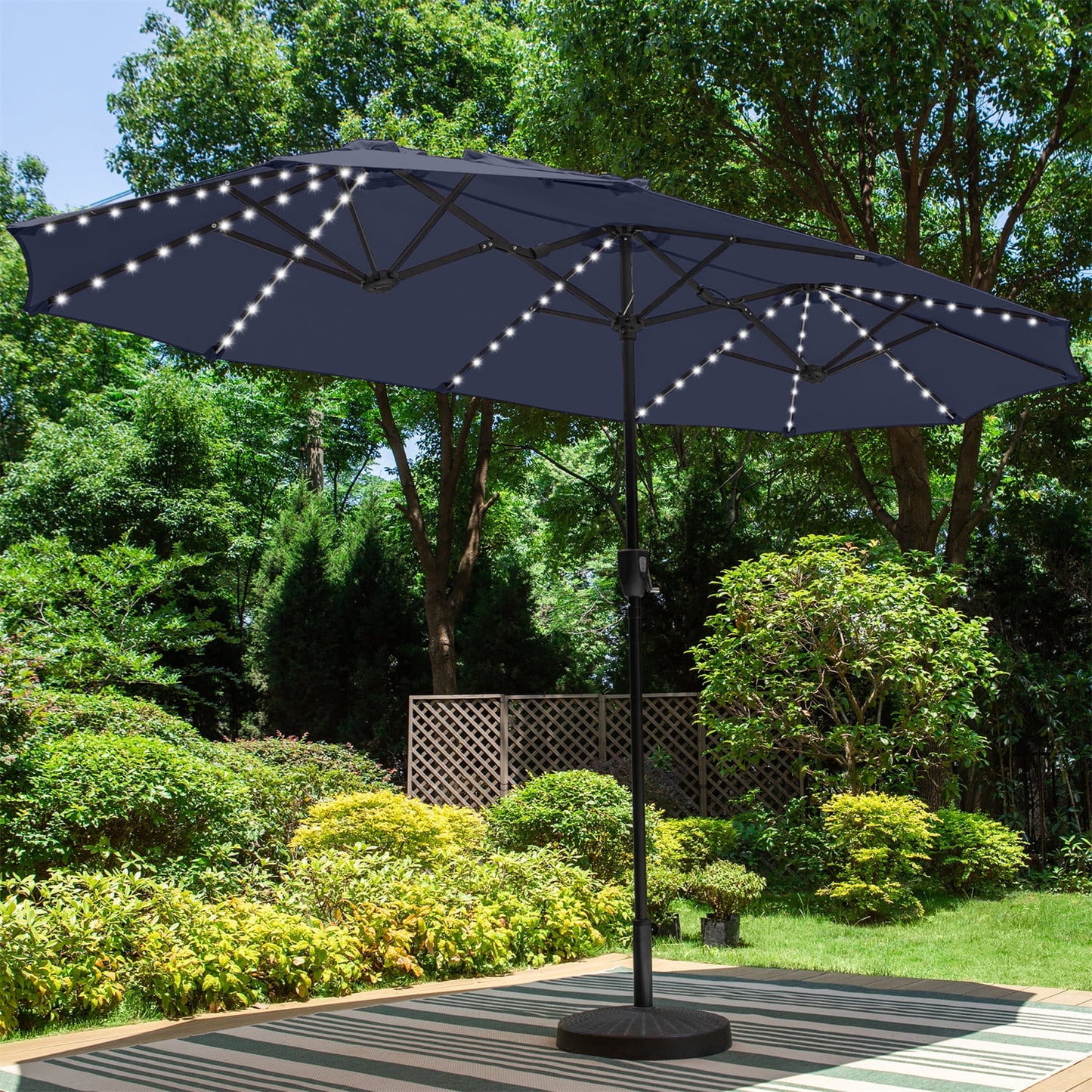 Summit Living 13ft Patio Umbrella with LED Solar Lights Large Double Sided Outdoor Table Umbrella Navy Blue